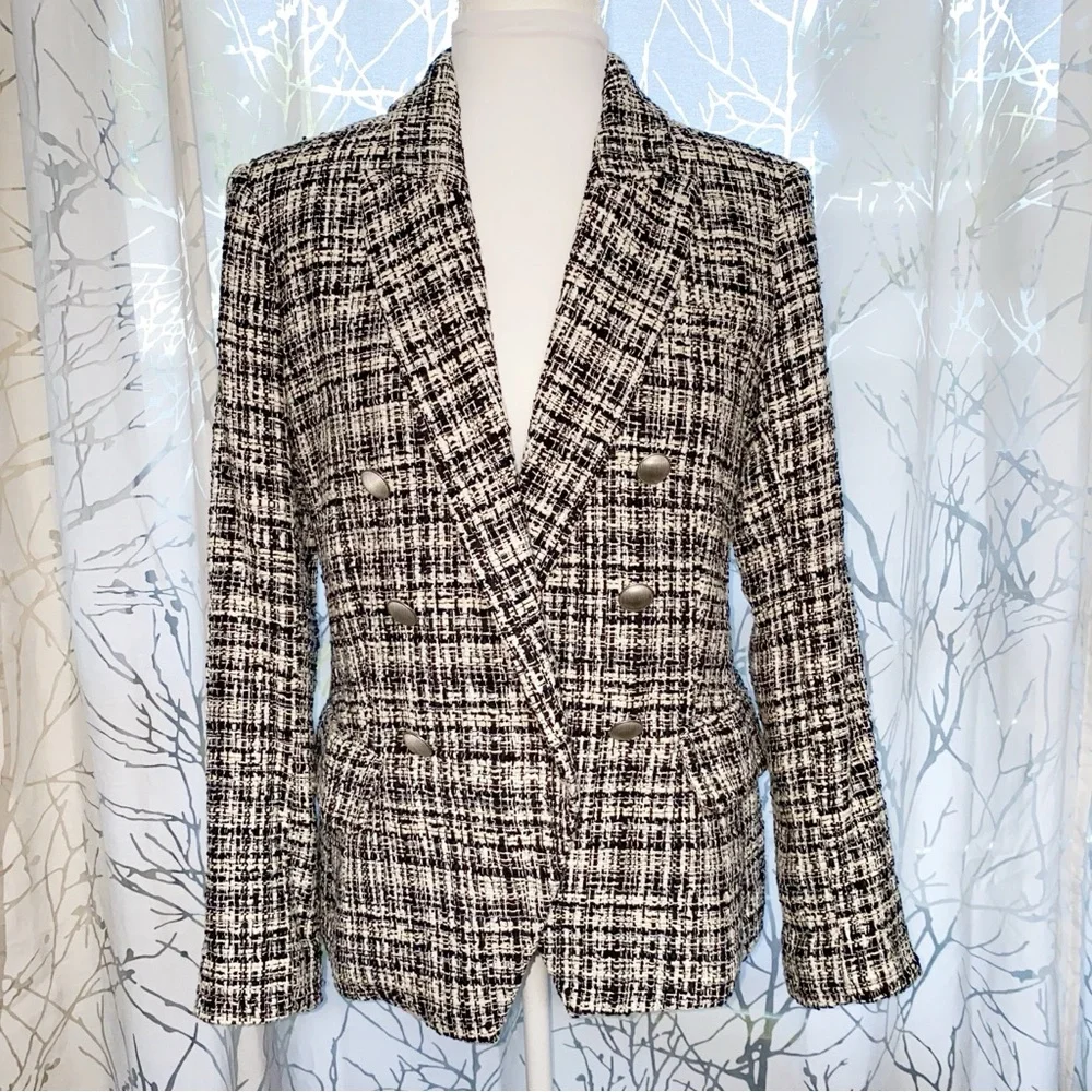 L’AGENCE KENZIE BLACK WHITE TWEED DOUBLE BREASTED BUTTON UP BLAZER JACKET - Picture 2 of 16